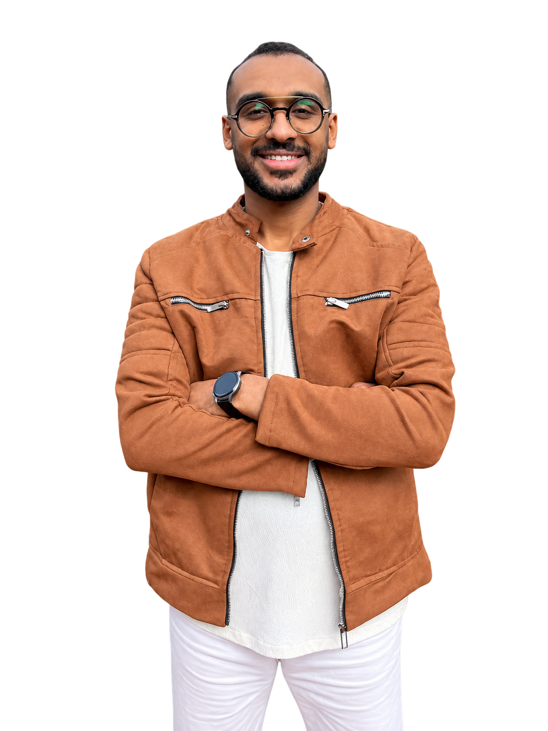 smiling man in suede jacket